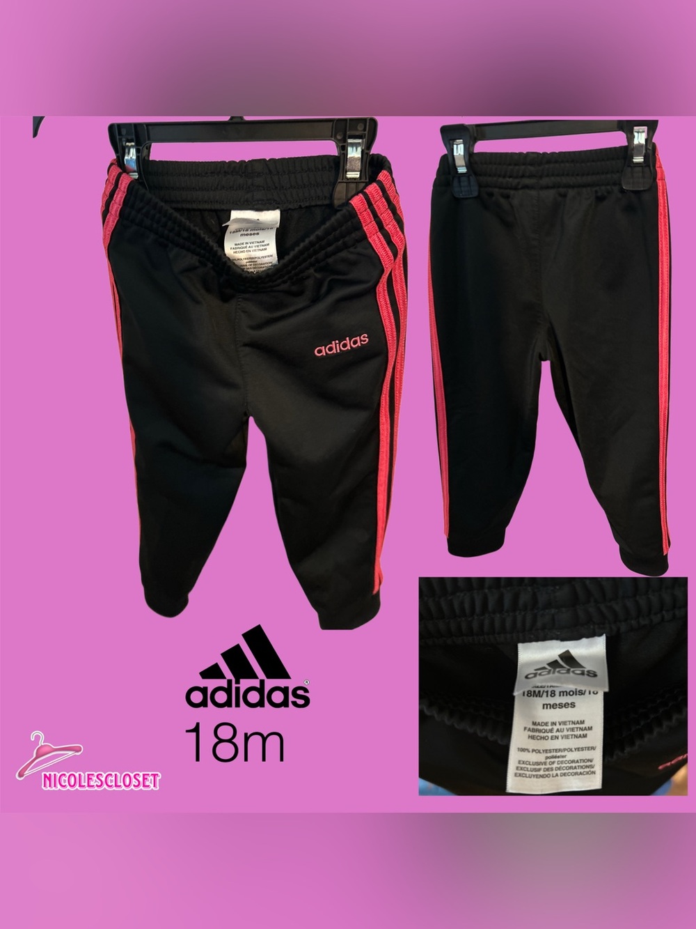 Adidas Toddler Black & Pink Athletic Joggers - 18M